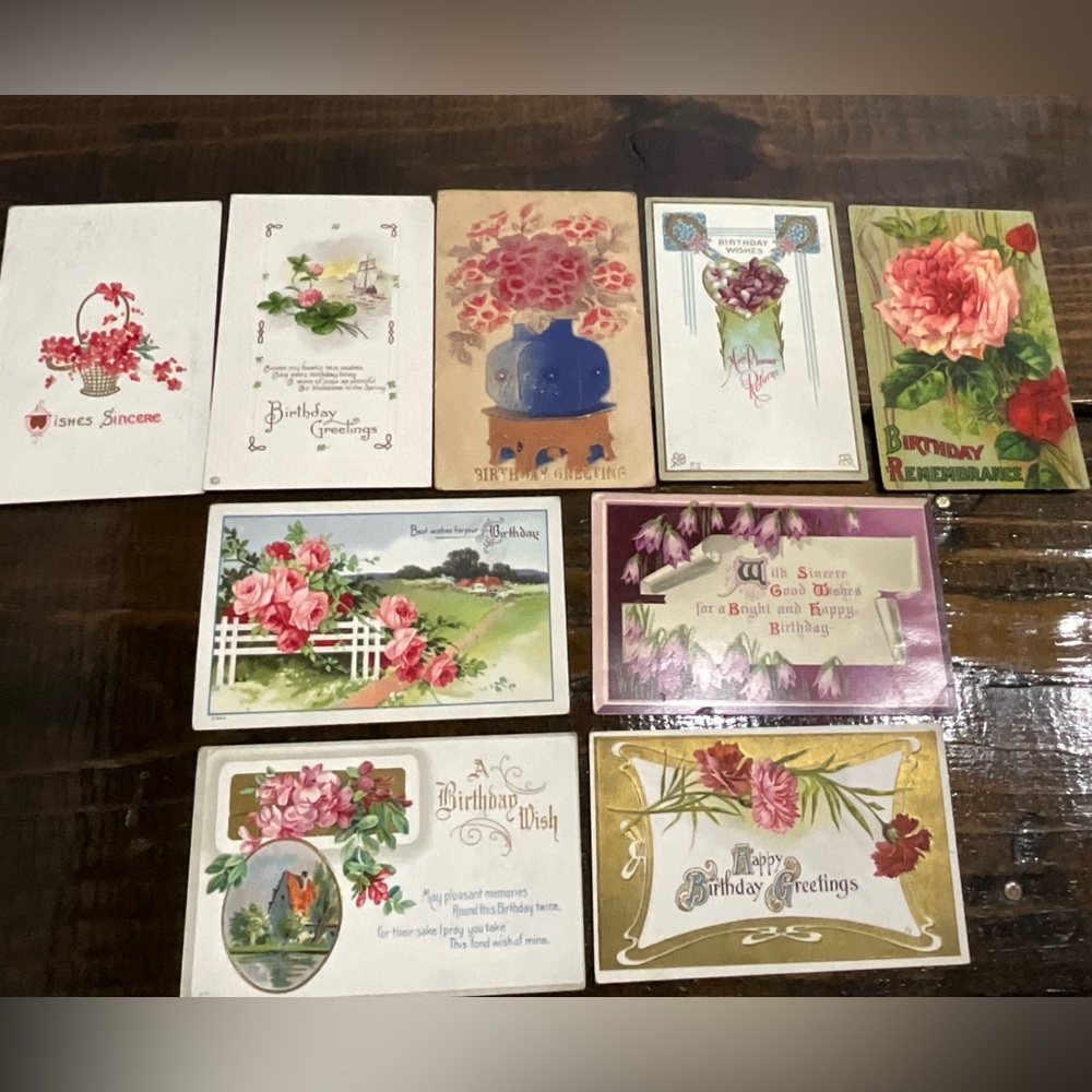 Antique Lot of 9 Assorted Postcards Greetings Birthday Flowers Scrapbook Germany